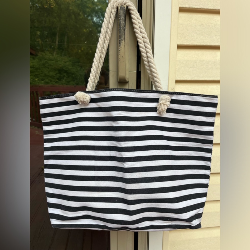 Made in Italy, Black /white stripes canvas lined tote,rope handles, 23x16x6 in